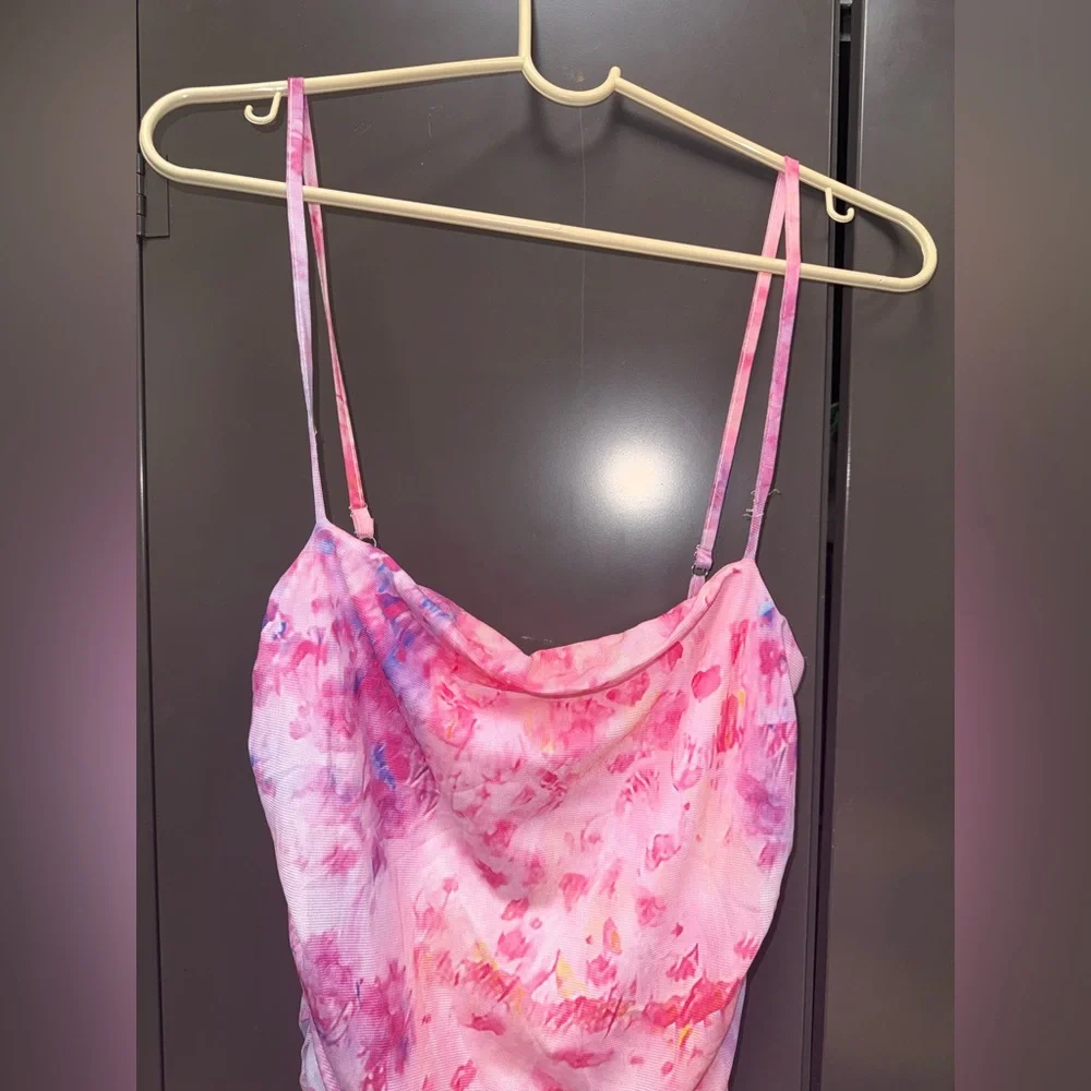 Side Split Thigh Ruched Print Mesh Bodycon Dress - Pink Size Large New w tags - Picture 10 of 12